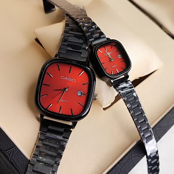 ست ساعت مچی زنانه و مردانه کاسیو اولدمانی CASIO موتور ژاپنی مشکی سرخ + جعبه