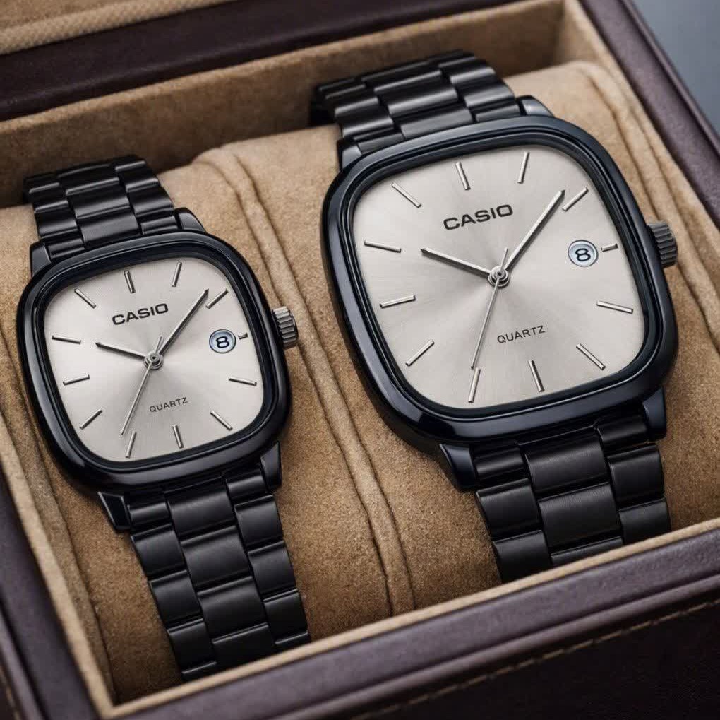 ست ساعت مچی زنانه و مردانه کاسیو اولدمانی CASIO موتور ژاپنی مشکی طوسی + جعبه