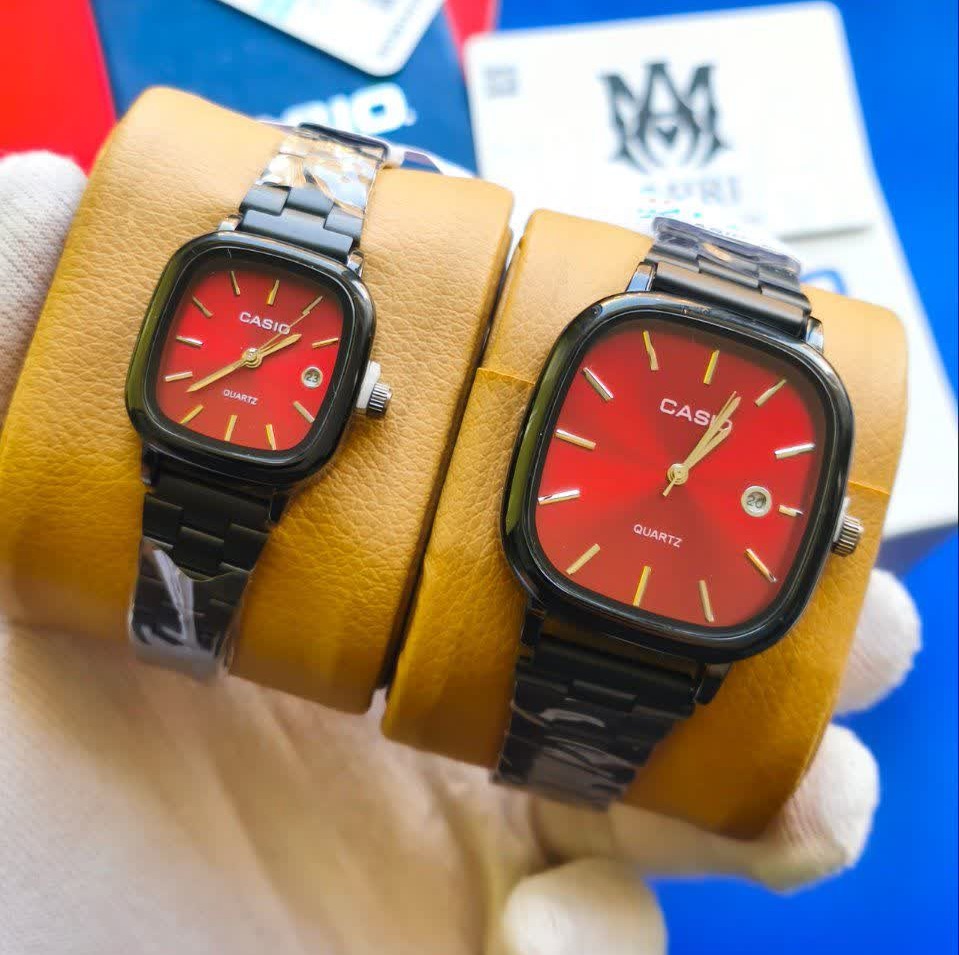 ست ساعت مچی زنانه و مردانه کاسیو اولدمانی CASIO موتور ژاپنی مشکی سرخ + جعبه