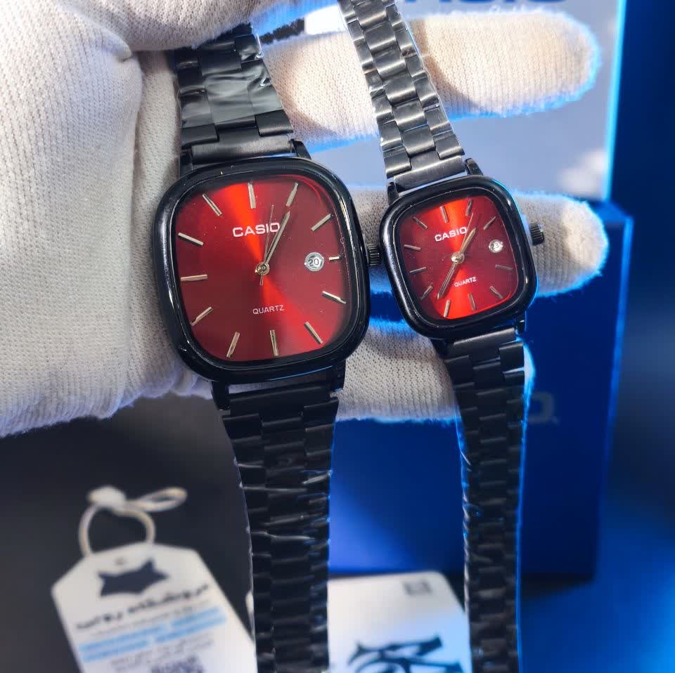 ست ساعت مچی زنانه و مردانه کاسیو اولدمانی CASIO موتور ژاپنی مشکی سرخ + جعبه