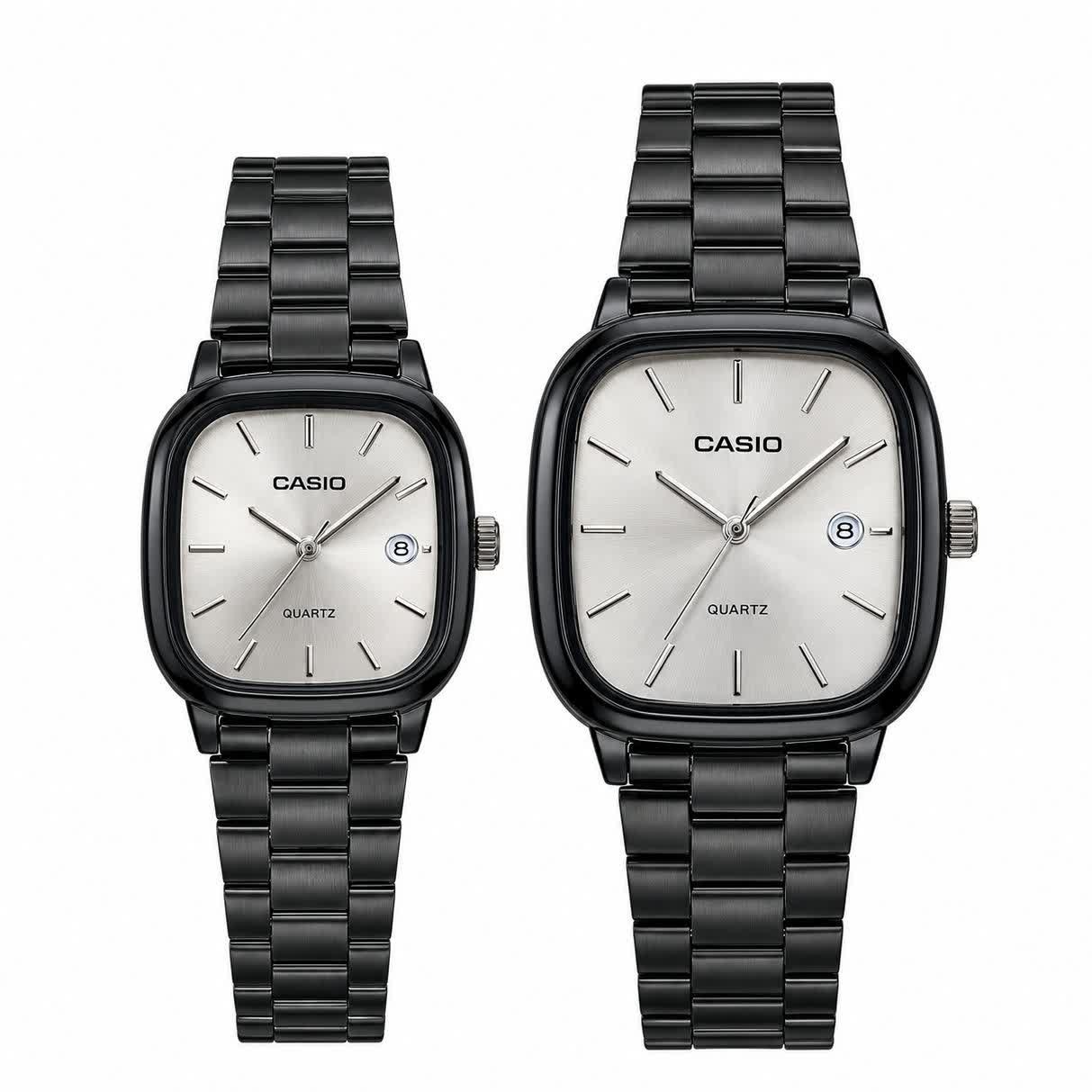 ست ساعت مچی زنانه و مردانه کاسیو اولدمانی CASIO موتور ژاپنی مشکی طوسی + جعبه
