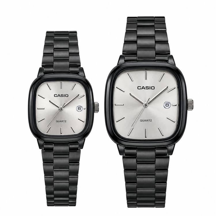 ست ساعت مچی زنانه و مردانه کاسیو اولدمانی CASIO موتور ژاپنی مشکی طوسی + جعبه
