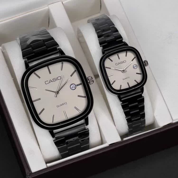 ست ساعت مچی زنانه و مردانه کاسیو اولدمانی CASIO موتور ژاپنی مشکی طوسی + جعبه
