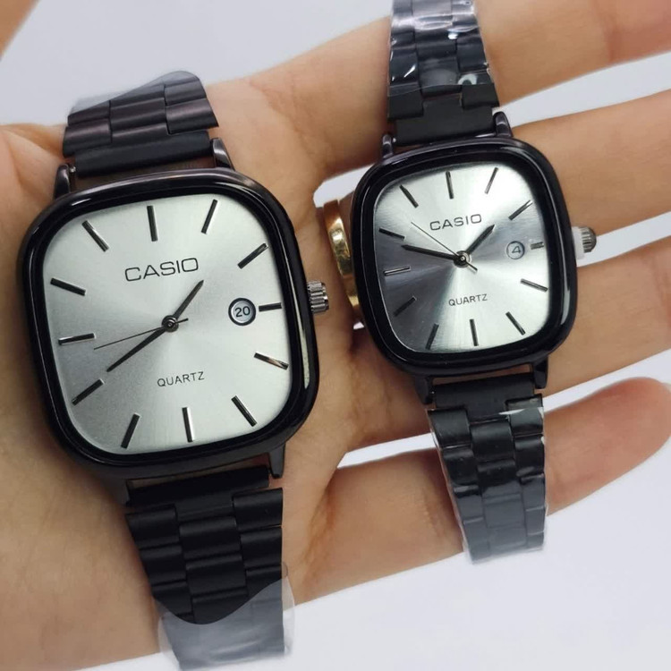 ست ساعت مچی زنانه و مردانه کاسیو اولدمانی CASIO موتور ژاپنی مشکی طوسی + جعبه