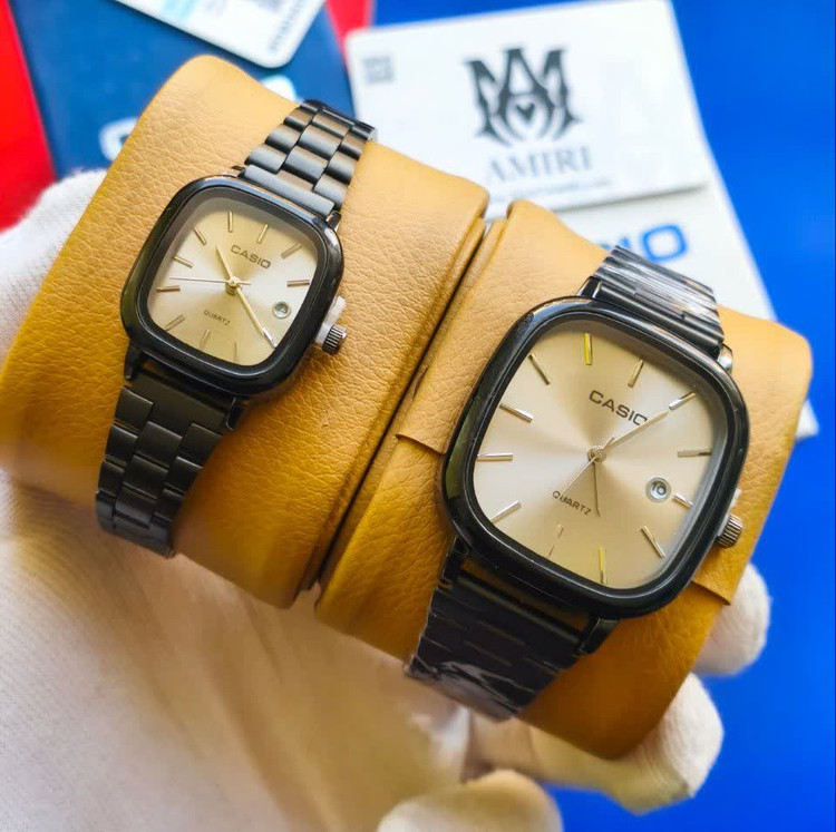 ست ساعت مچی زنانه و مردانه کاسیو اولدمانی CASIO موتور ژاپنی مشکی طوسی + جعبه