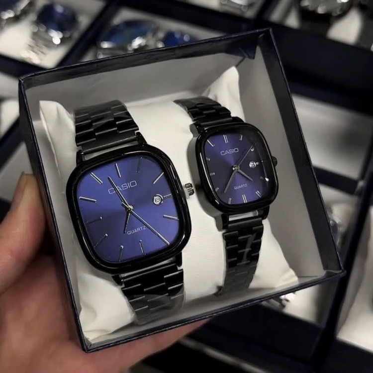 ست ساعت مچی زنانه و مردانه کاسیو اولدمانی CASIO موتور ژاپنی مشکی آبی + جعبه
