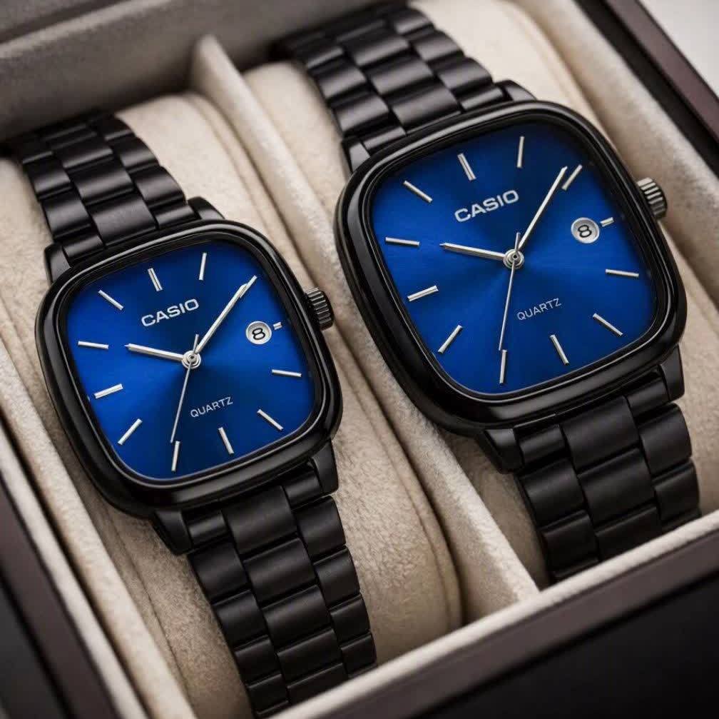 ست ساعت مچی زنانه و مردانه کاسیو اولدمانی CASIO موتور ژاپنی مشکی آبی + جعبه