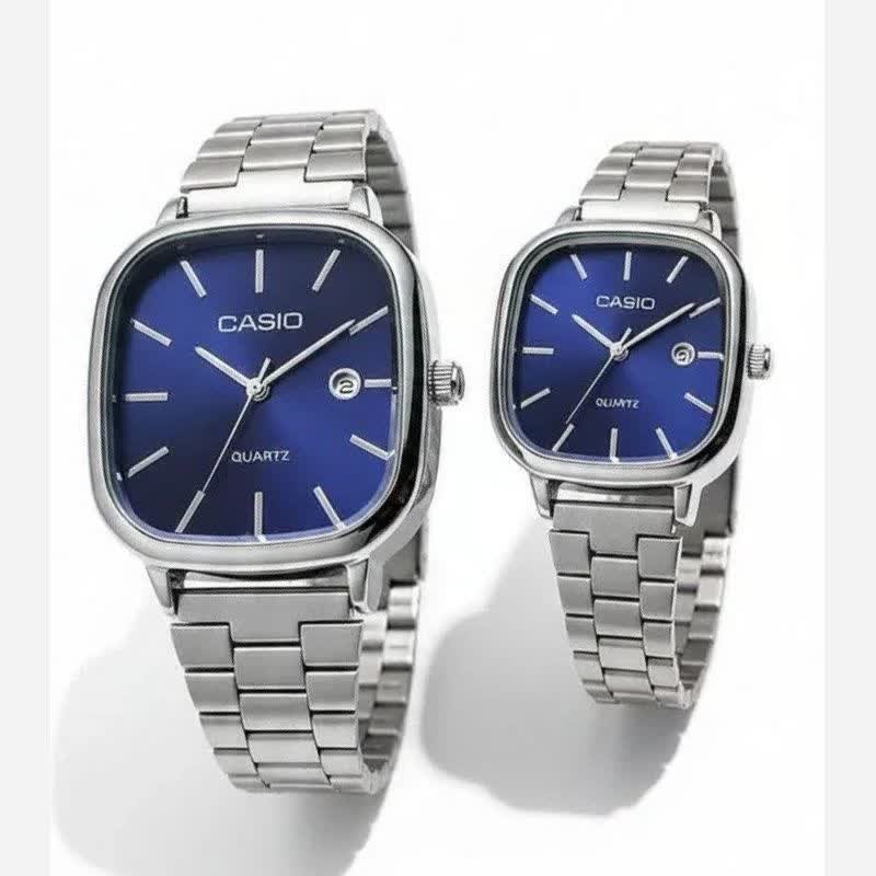 ست ساعت مچی زنانه و مردانه کاسیو اولدمانی CASIO موتور ژاپنی صفحه آبی + جعبه