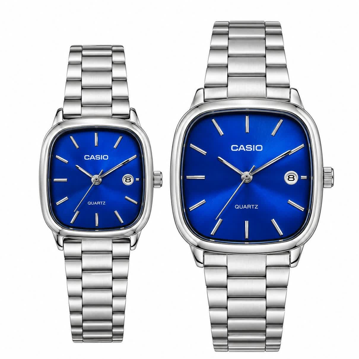 ست ساعت مچی زنانه و مردانه کاسیو اولدمانی CASIO موتور ژاپنی صفحه آبی + جعبه