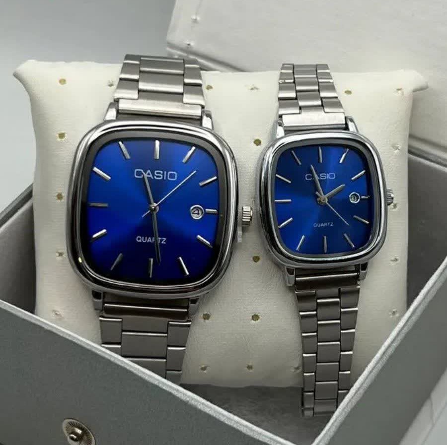 ست ساعت مچی زنانه و مردانه کاسیو اولدمانی CASIO موتور ژاپنی صفحه آبی + جعبه