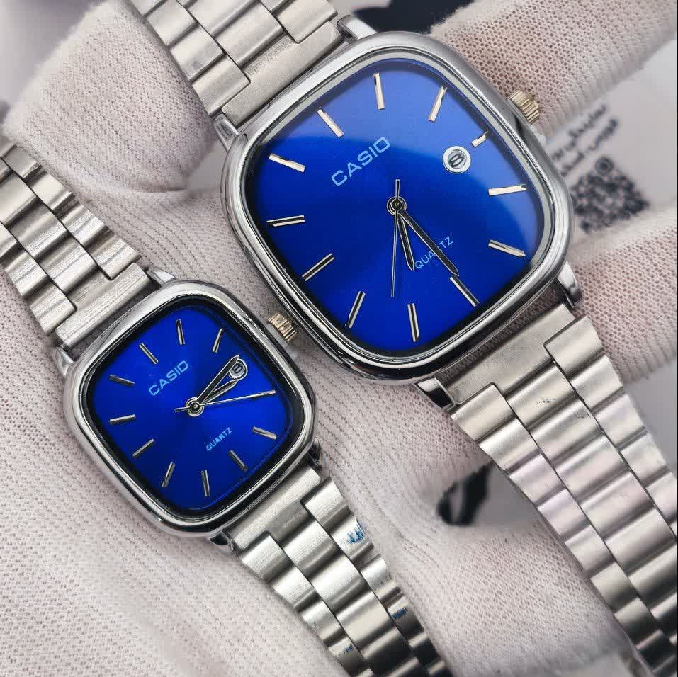ست ساعت مچی زنانه و مردانه کاسیو اولدمانی CASIO موتور ژاپنی صفحه آبی + جعبه