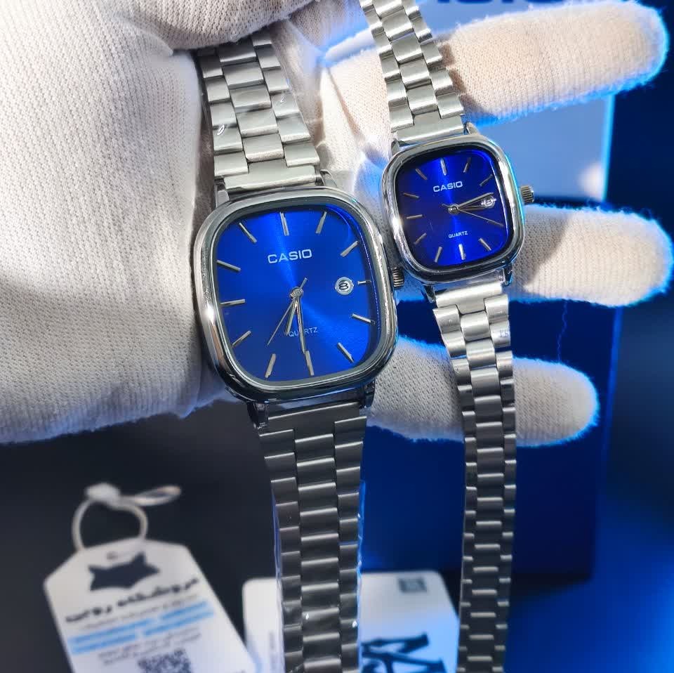 ست ساعت مچی زنانه و مردانه کاسیو اولدمانی CASIO موتور ژاپنی صفحه آبی + جعبه