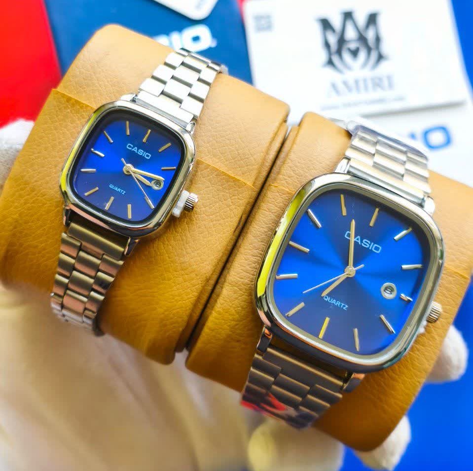 ست ساعت مچی زنانه و مردانه کاسیو اولدمانی CASIO موتور ژاپنی صفحه آبی + جعبه