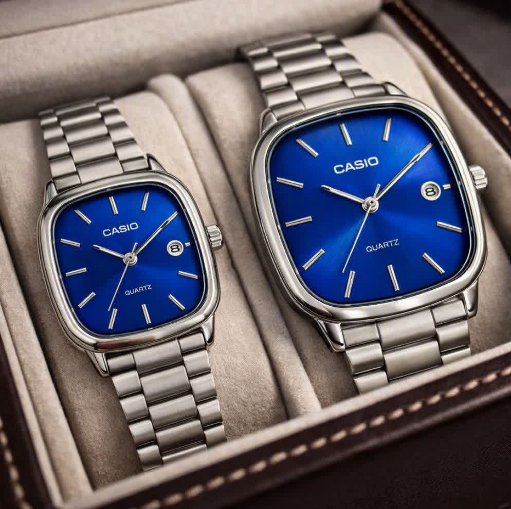 ست ساعت مچی زنانه و مردانه کاسیو اولدمانی CASIO موتور ژاپنی صفحه آبی + جعبه