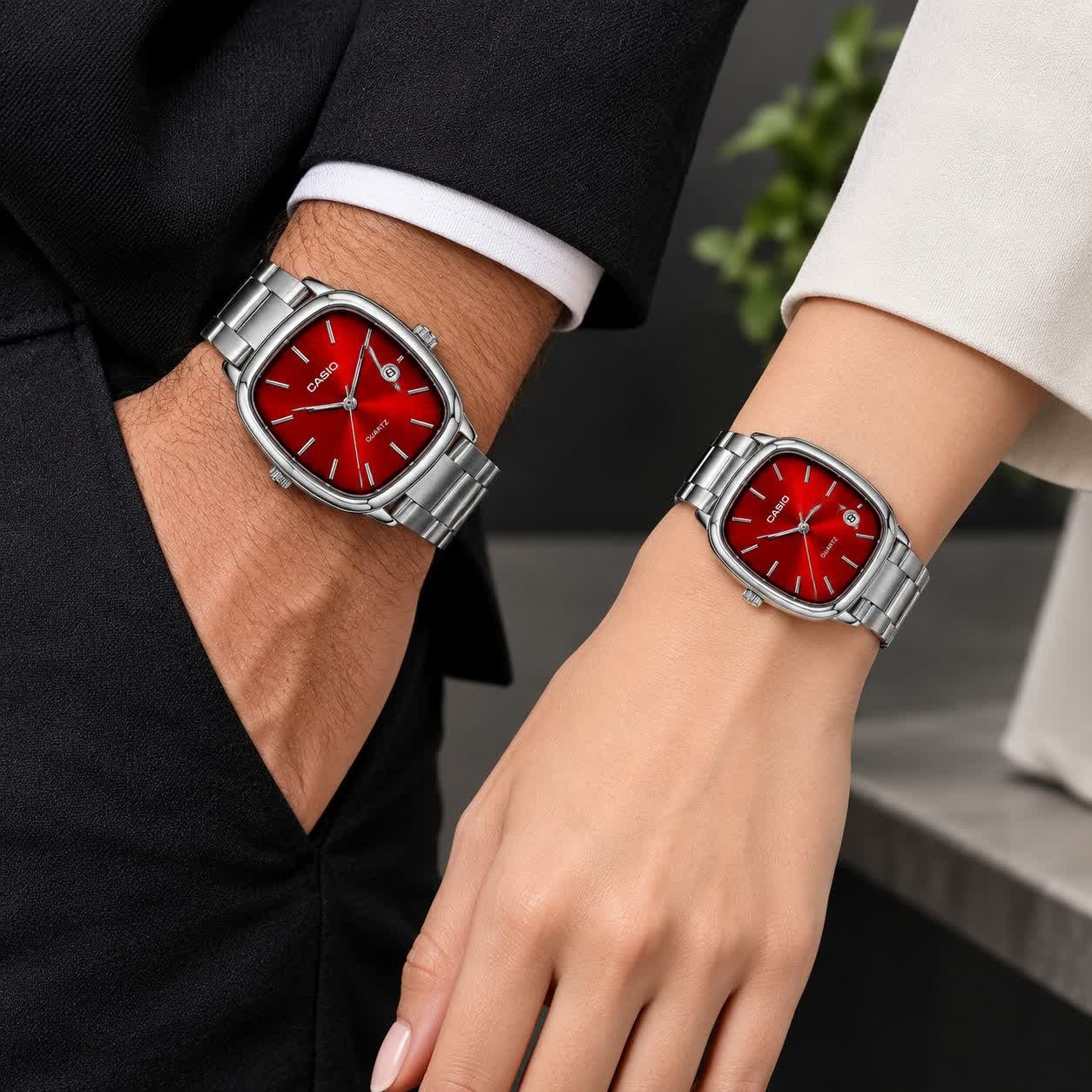 ست ساعت مچی زنانه و مردانه کاسیو اولدمانی CASIO موتور ژاپنی صفحه قرمز + جعبه