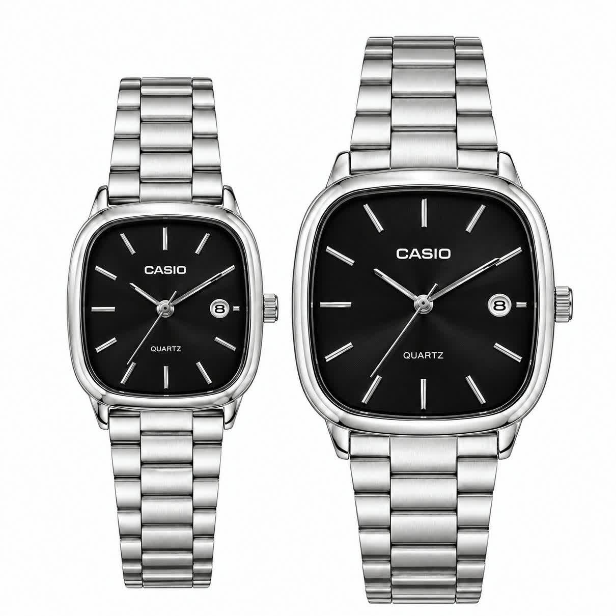 ست ساعت مچی زنانه و مردانه کاسیو اولدمانی CASIO موتور ژاپنی صفحه مشکی + جعبه