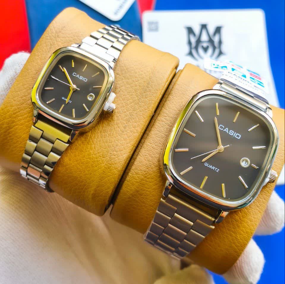 ست ساعت مچی زنانه و مردانه کاسیو اولدمانی CASIO موتور ژاپنی صفحه مشکی + جعبه