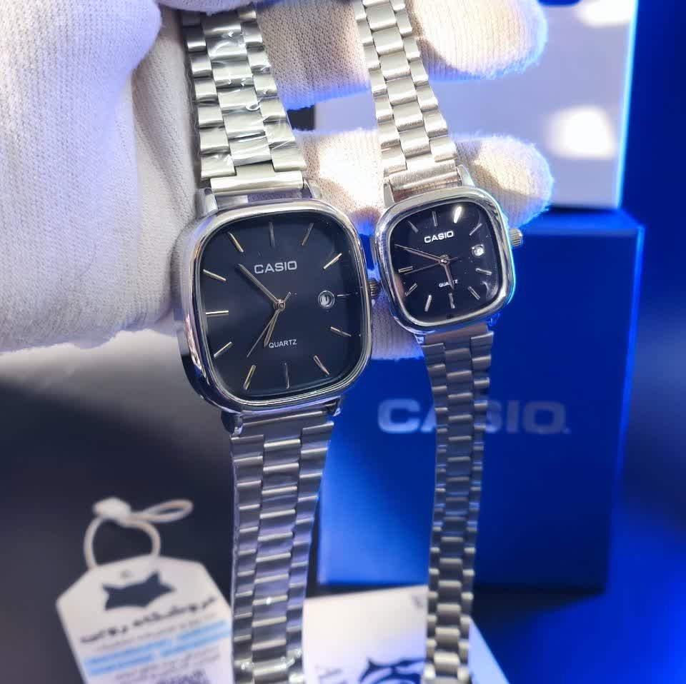 ست ساعت مچی زنانه و مردانه کاسیو اولدمانی CASIO موتور ژاپنی صفحه مشکی + جعبه