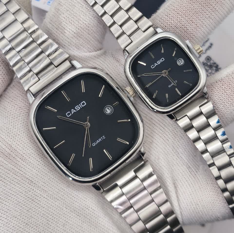 ست ساعت مچی زنانه و مردانه کاسیو اولدمانی CASIO موتور ژاپنی صفحه مشکی + جعبه
