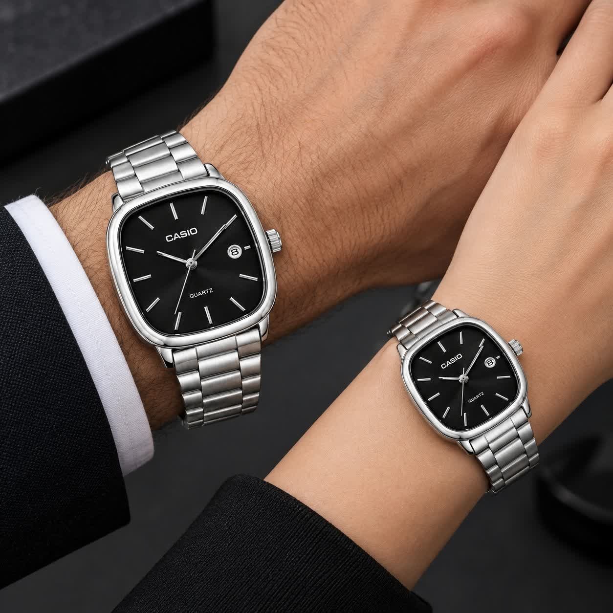 ست ساعت مچی زنانه و مردانه کاسیو اولدمانی CASIO موتور ژاپنی صفحه مشکی + جعبه