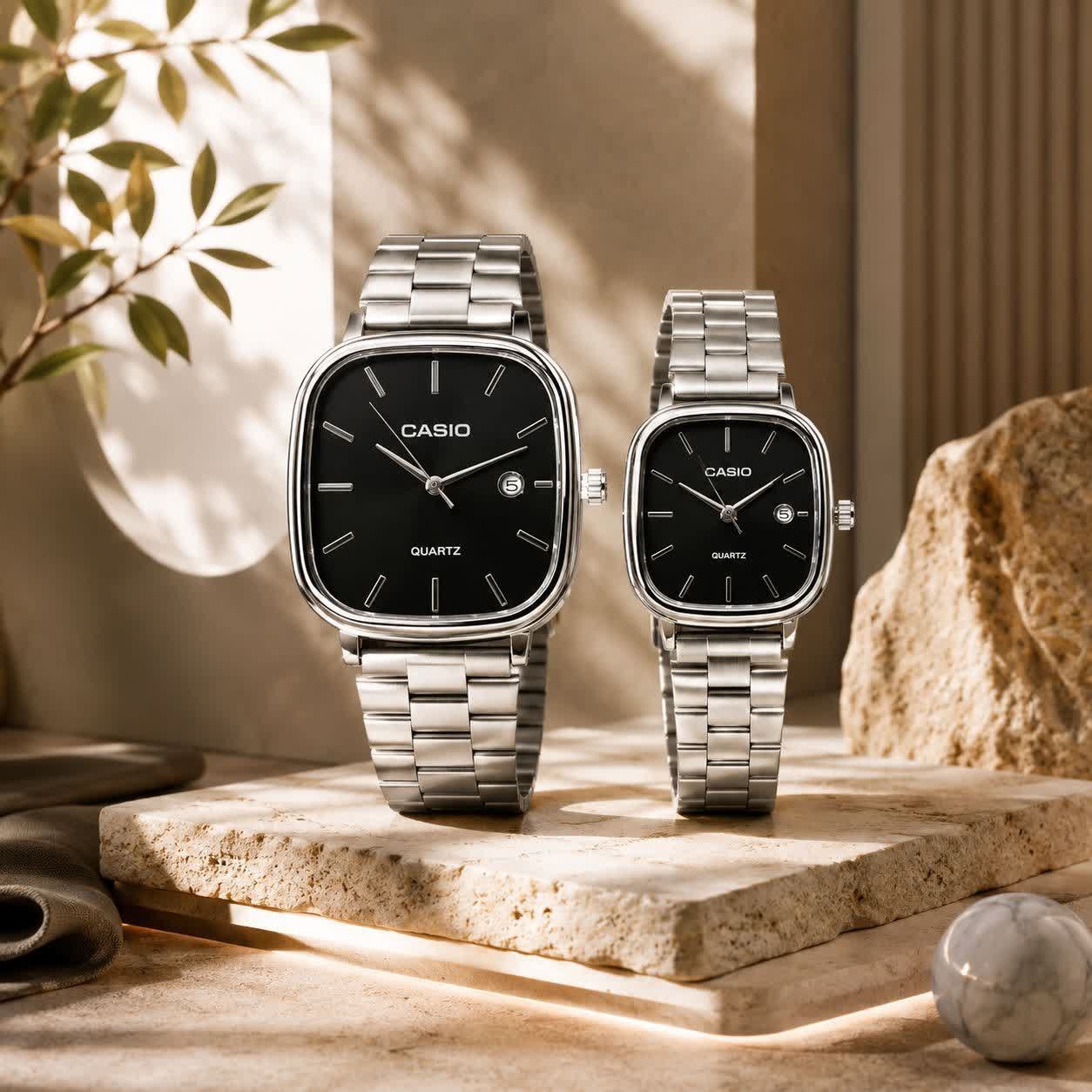 ست ساعت مچی زنانه و مردانه کاسیو اولدمانی CASIO موتور ژاپنی صفحه مشکی + جعبه
