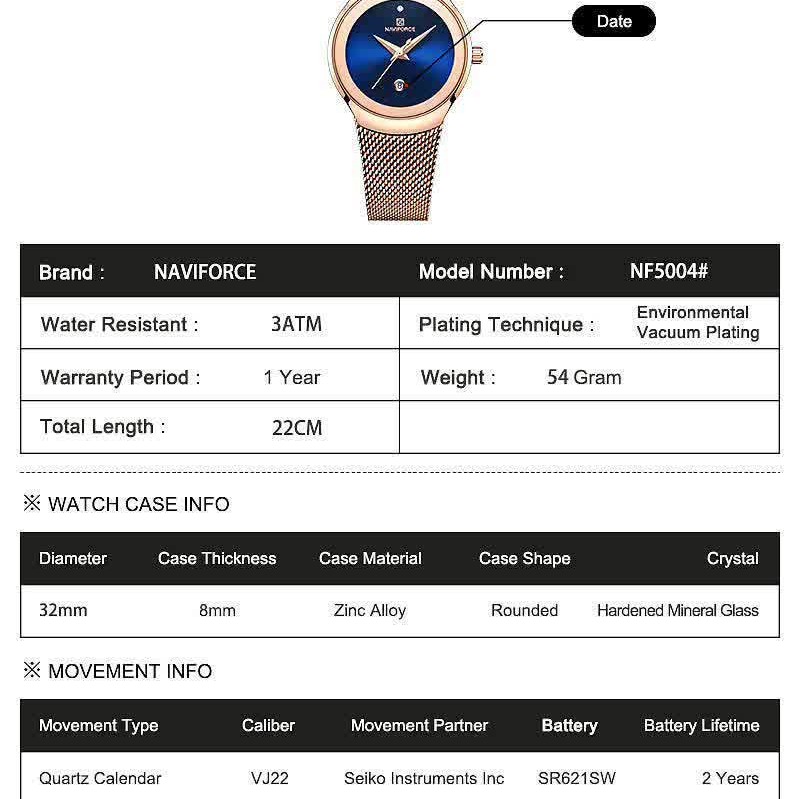ساعت مچی عقربه ای زنانه نیوی فورس NAVIFORCE مدل Nf5004 نقره ای