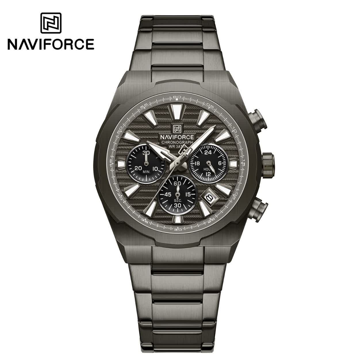 ساعت مچی نیوی فورس مردانه کرنوگراف NAVIFORCE مدل NF8081 مشکی متالیک + فول