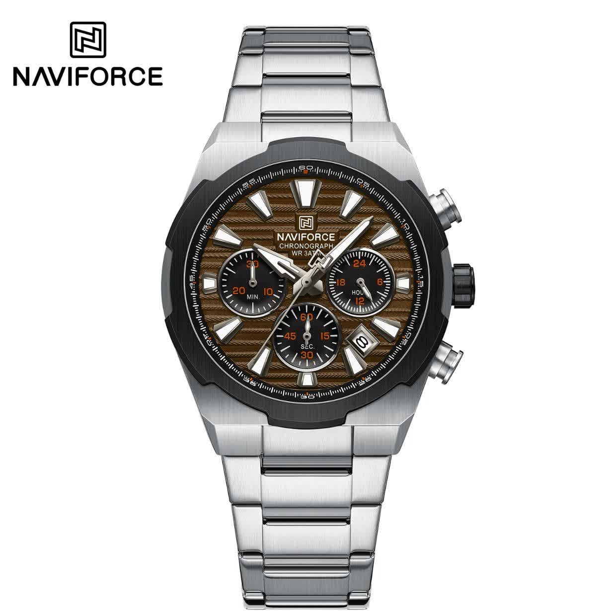 ساعت مچی نیوی فورس مردانه کرنوگراف NAVIFORCE مدل NF8081 نقره ای قهوه ای + فول