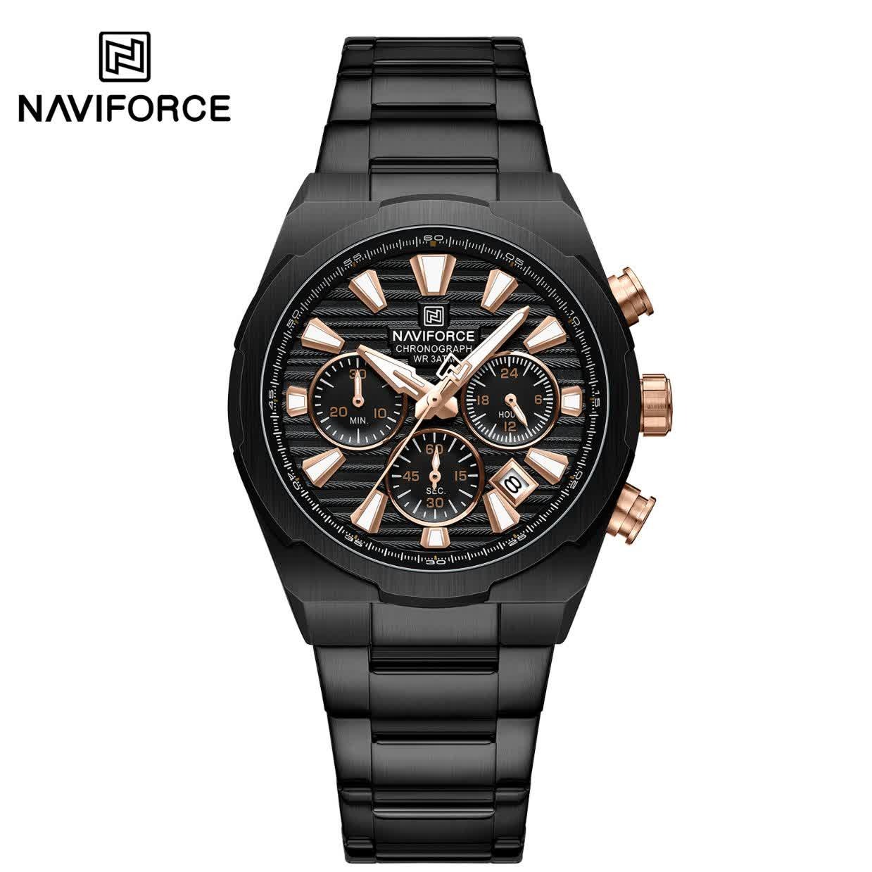 ساعت مچی نیوی فورس مردانه کرنوگراف NAVIFORCE مدل NF8081 مشکی رزگلد + فول