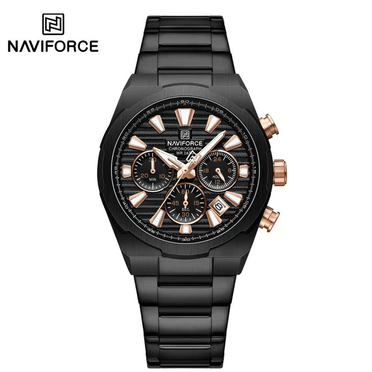ساعت مچی نیوی فورس مردانه کرنوگراف NAVIFORCE مدل NF8081 مشکی رزگلد + فول