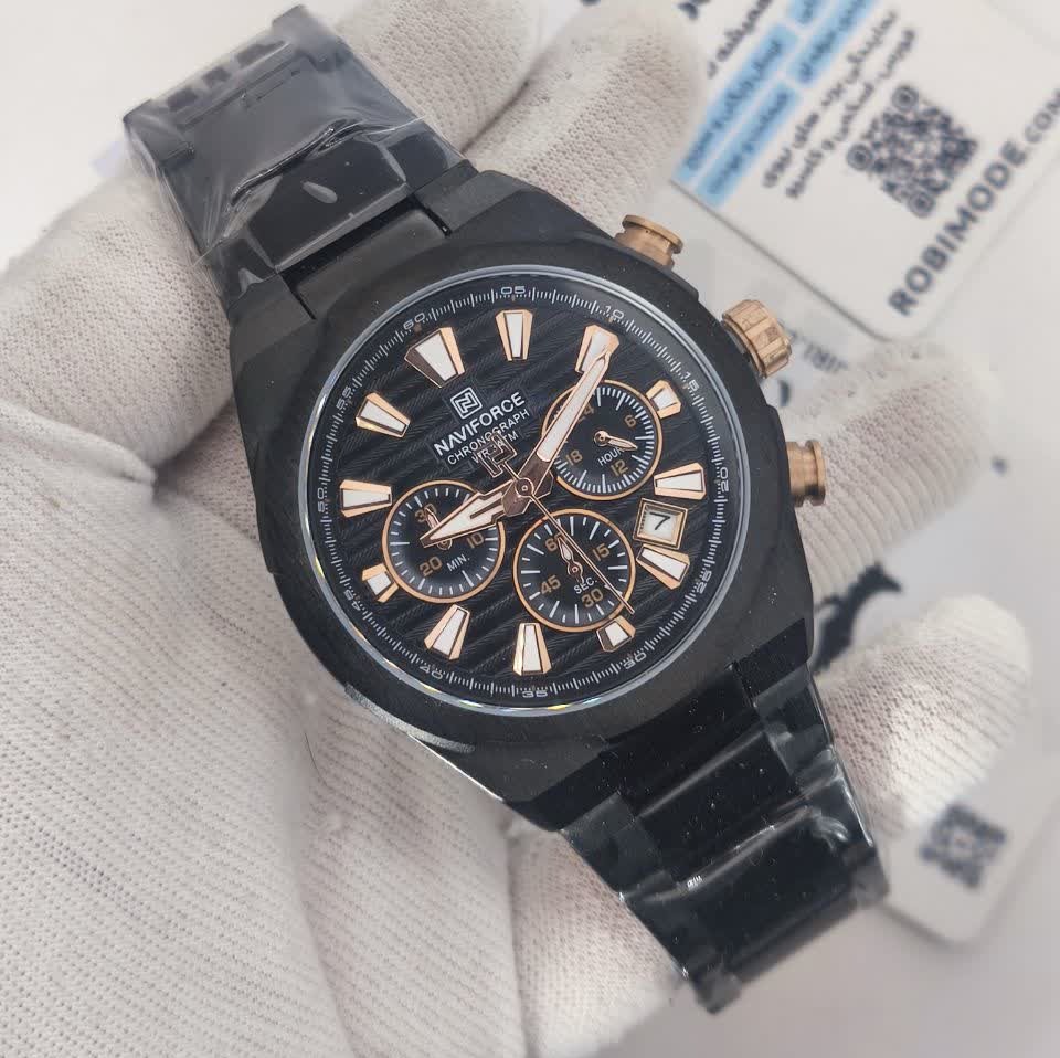 ساعت مچی نیوی فورس مردانه کرنوگراف NAVIFORCE مدل NF8081 مشکی رزگلد + فول