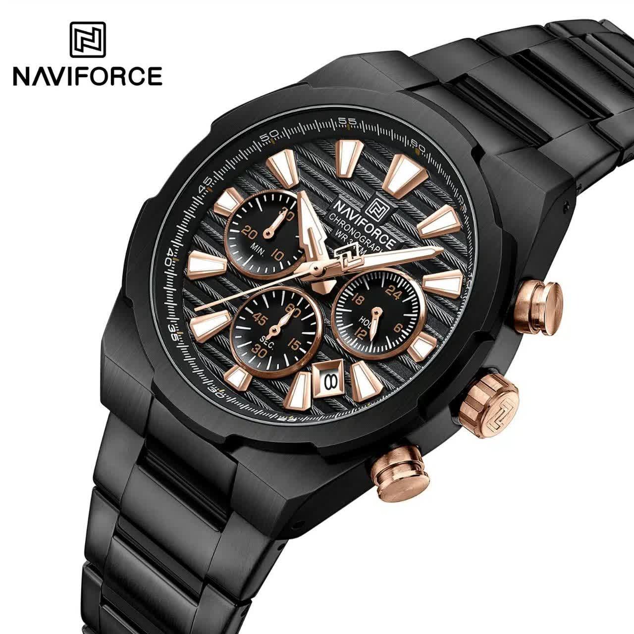 ساعت مچی نیوی فورس مردانه کرنوگراف NAVIFORCE مدل NF8081 مشکی رزگلد + فول