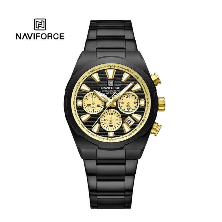 ساعت مچی نیوی فورس مردانه کرنوگراف NAVIFORCE مدل NF8081 مشکی طلایی + فول