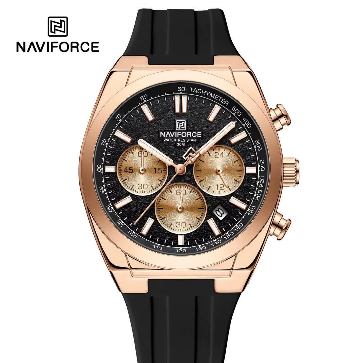 ساعت مچی نیوی فورس مردانه کرنوگراف NAVIFORCE مدل NF8080 مشکی طلایی +