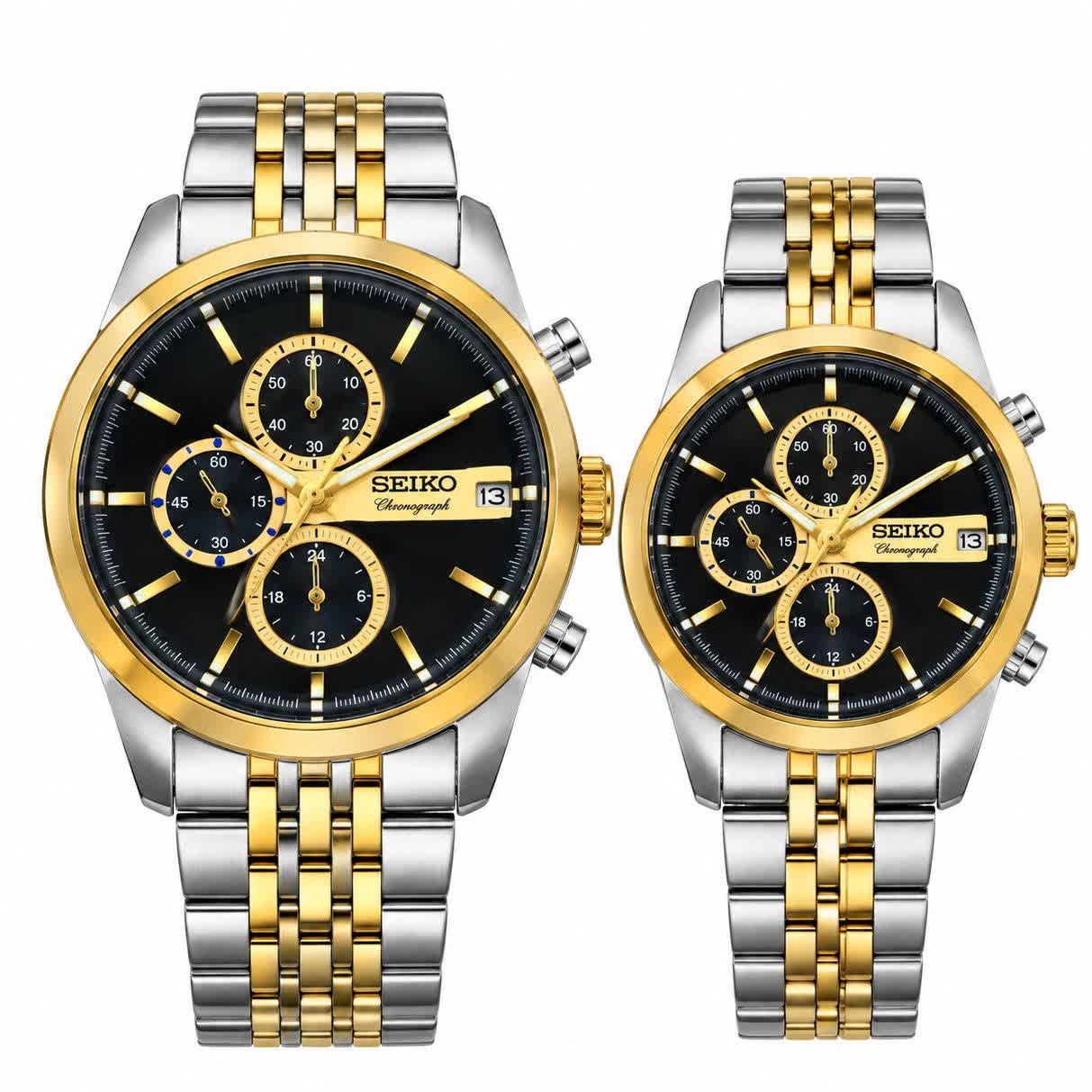 ست ساعت مچی مردانه و زنانه سیکو SEIKO موتور ژاپن صفحه مشکی