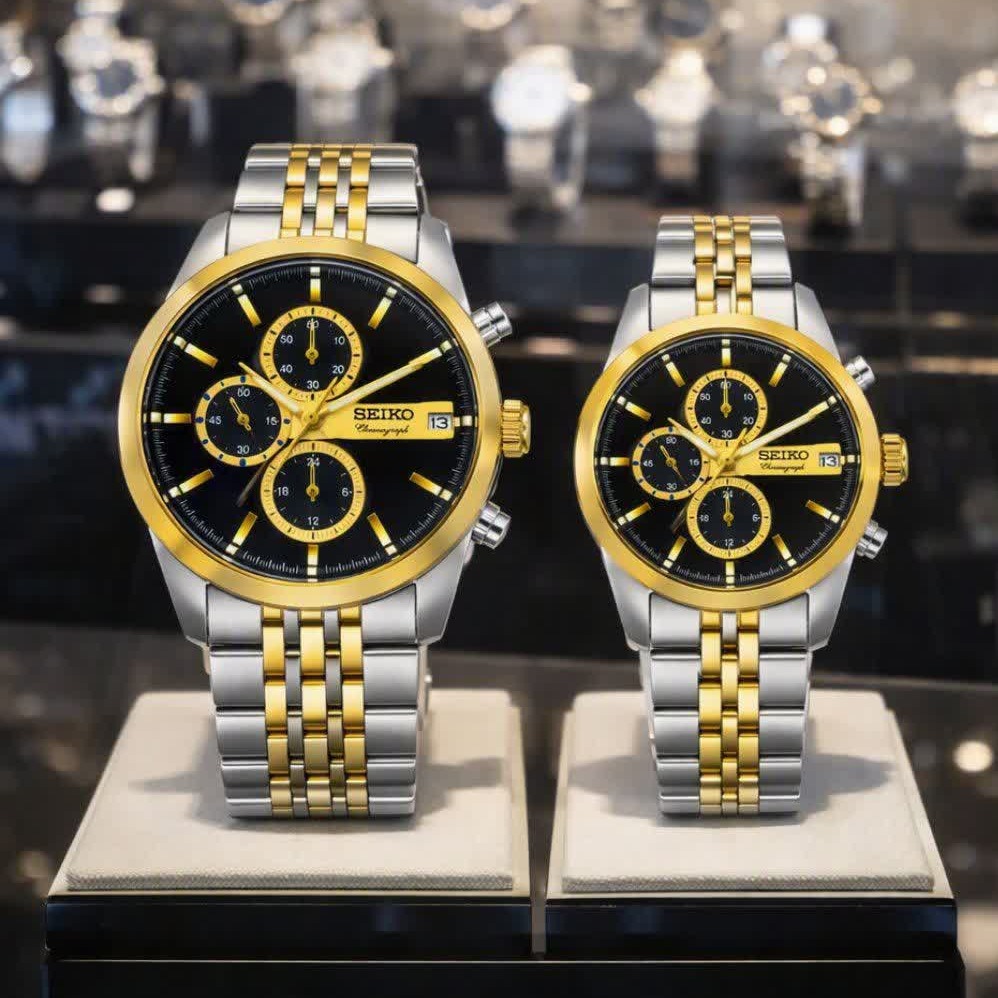 ست ساعت مچی مردانه و زنانه سیکو SEIKO موتور ژاپن صفحه مشکی