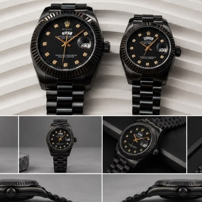 ست ساعت مچی زنانه و مردانه رولکس ROLEX فول بلک دو تقویمه