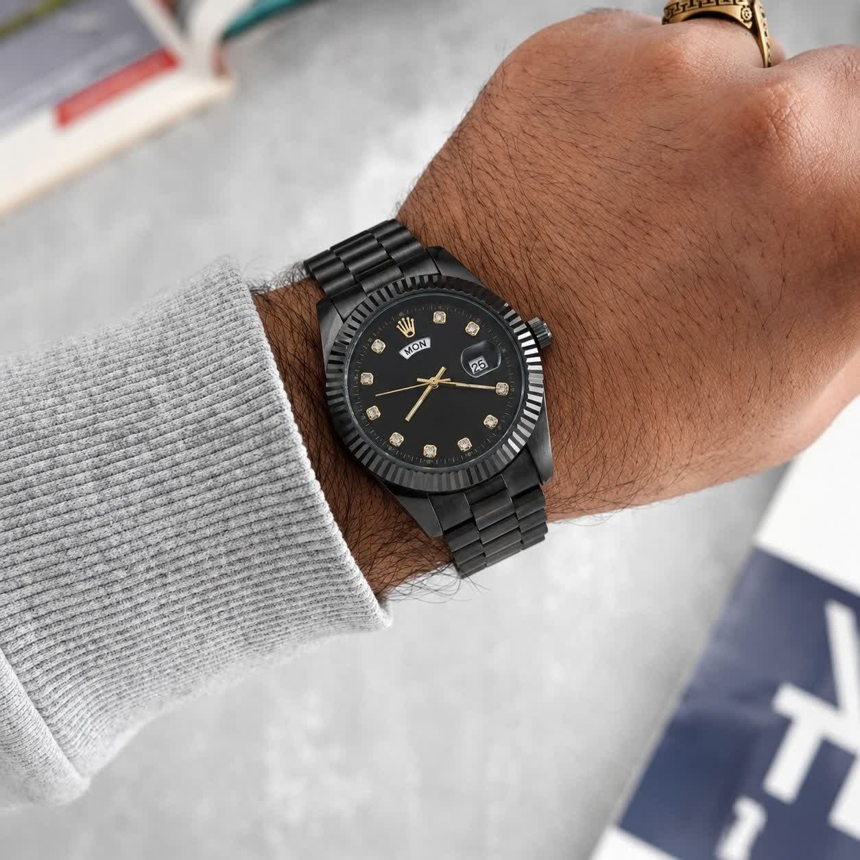 ست ساعت مچی زنانه و مردانه رولکس ROLEX فول بلک دو تقویمه