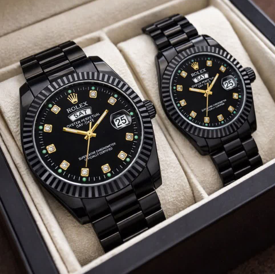 ست ساعت مچی زنانه و مردانه رولکس ROLEX فول بلک دو تقویمه