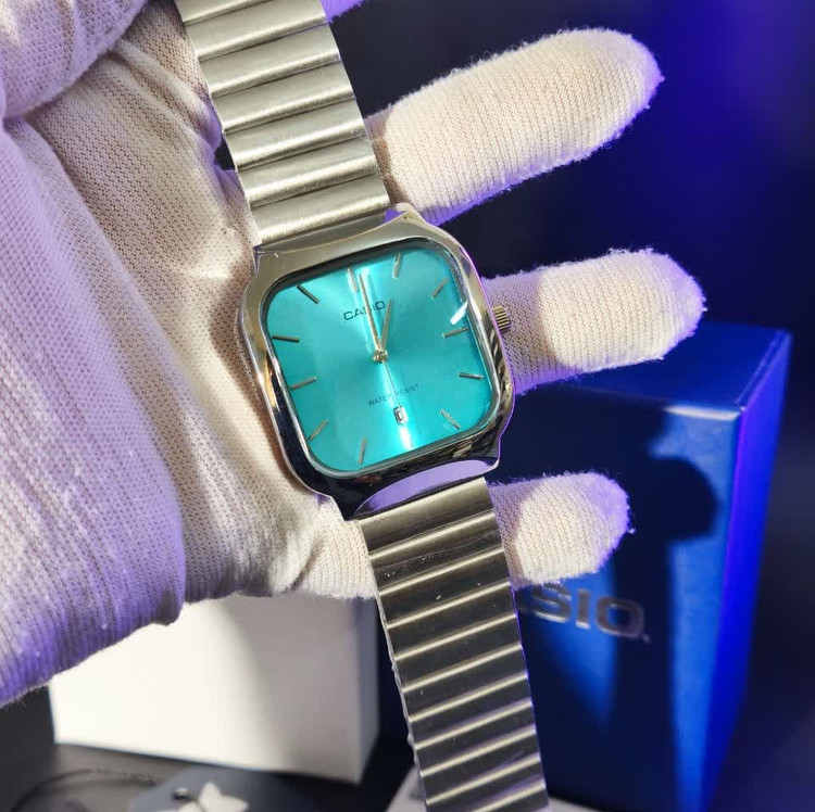 ساعت مچی مردانه کاسیو اولدمانی تری AAA CASIO موتور ژاپنی صفحه فیروزه ای + فول پک