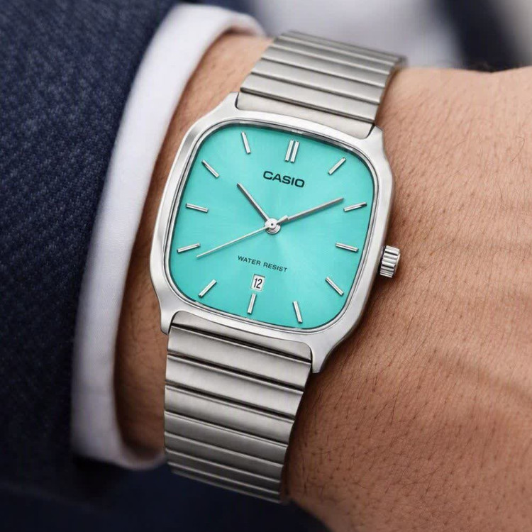 ساعت مچی مردانه کاسیو اولدمانی تری AAA CASIO موتور ژاپنی صفحه فیروزه ای + فول پک