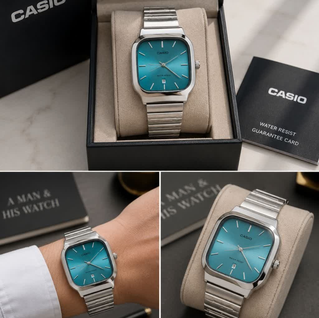 ساعت مچی مردانه کاسیو اولدمانی تری AAA CASIO موتور ژاپنی صفحه فیروزه ای + فول پک