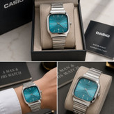 ساعت مچی مردانه کاسیو اولدمانی تری AAA CASIO موتور ژاپنی صفحه فیروزه ای + فول پک