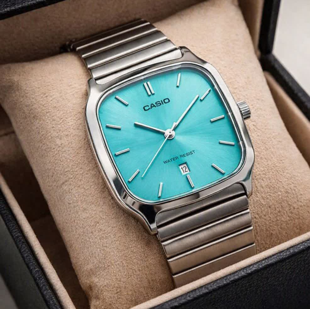 ساعت مچی مردانه کاسیو اولدمانی تری AAA CASIO موتور ژاپنی صفحه فیروزه ای + فول پک