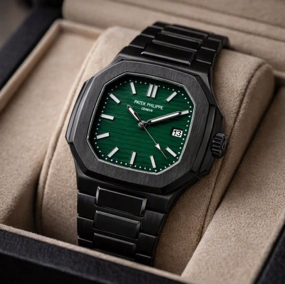 ساعت مچی عقربه ای مردانه پتک فیلیپ PATEKPHILIPPE مشکی سبز + + فول پک