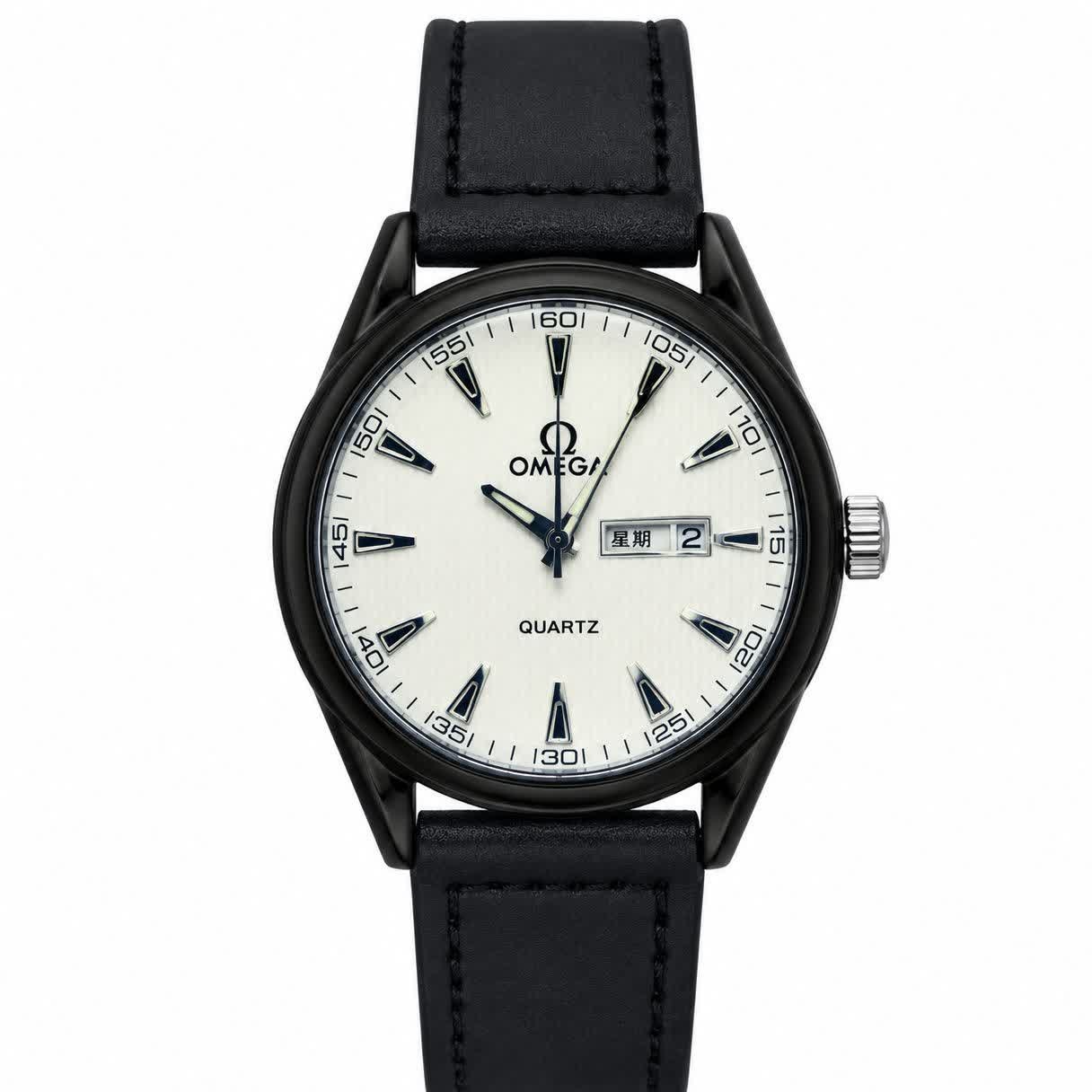 ساعت مچی مردانه اُمگا OMEGA چرم مشکی صفحه سفید