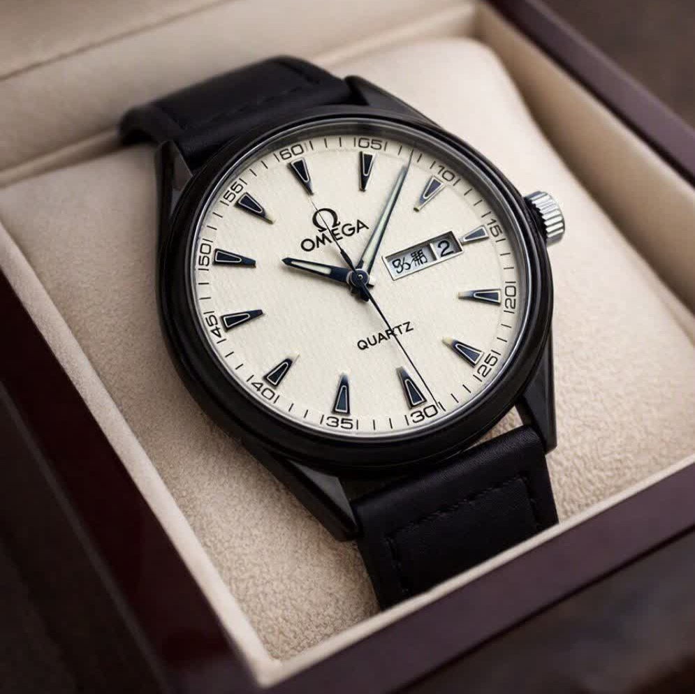 ساعت مچی مردانه اُمگا OMEGA چرم مشکی صفحه سفید