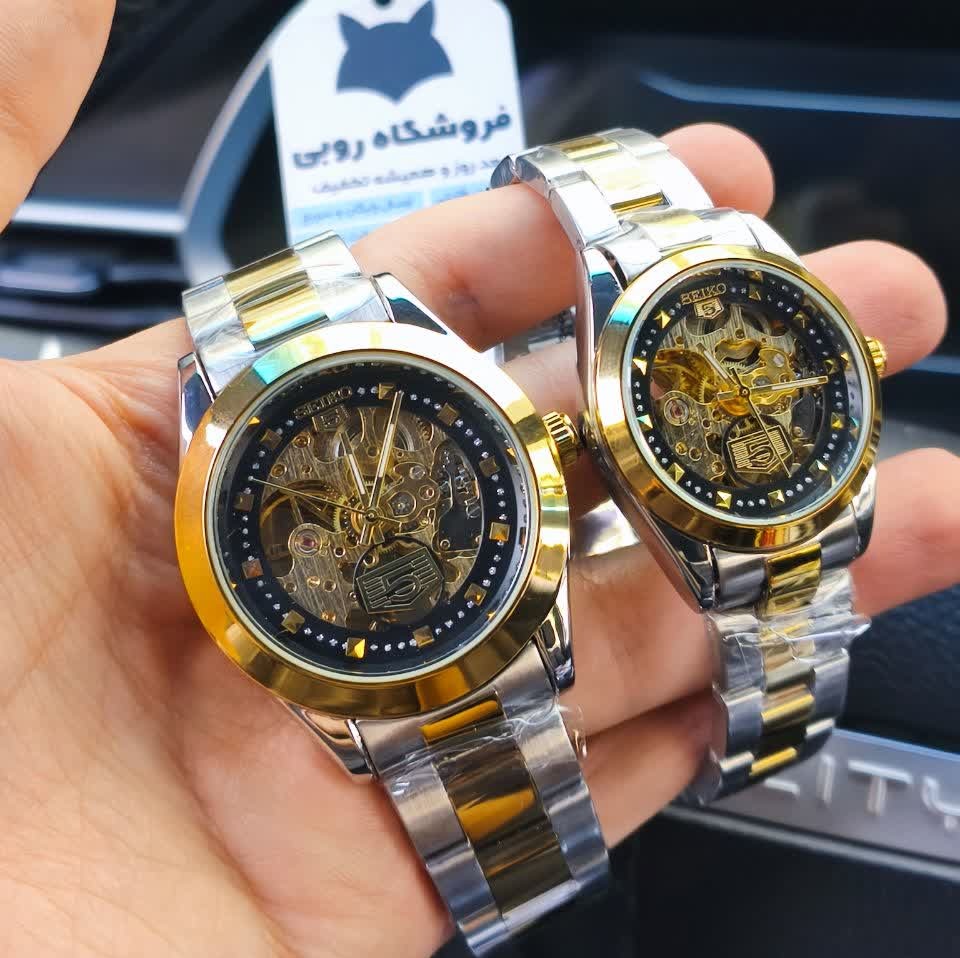 ساعت مچی اتوماتیک مردانه سیکو پنج SEIKO 5 نقره ای طلایی صفحه مشکی