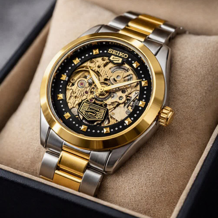 ساعت مچی اتوماتیک مردانه سیکو پنج SEIKO 5 نقره ای طلایی صفحه مشکی