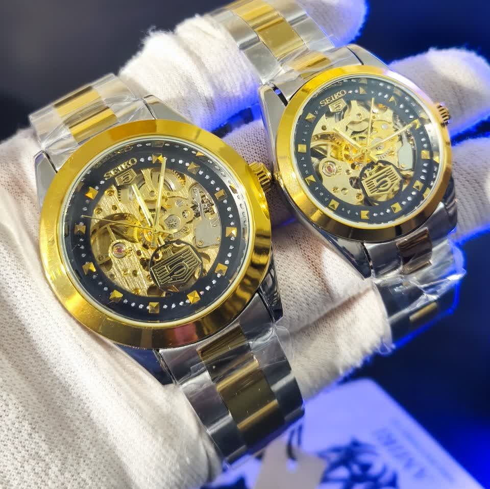 ساعت مچی اتوماتیک مردانه سیکو پنج SEIKO 5 نقره ای طلایی صفحه مشکی